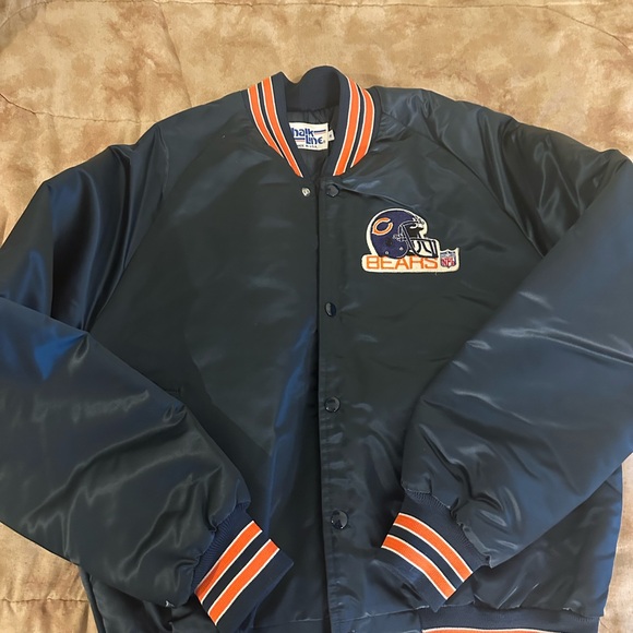 Vintage Chicago Bears NFL Men's Navy Blue Bomber Jacket with Orange Accents